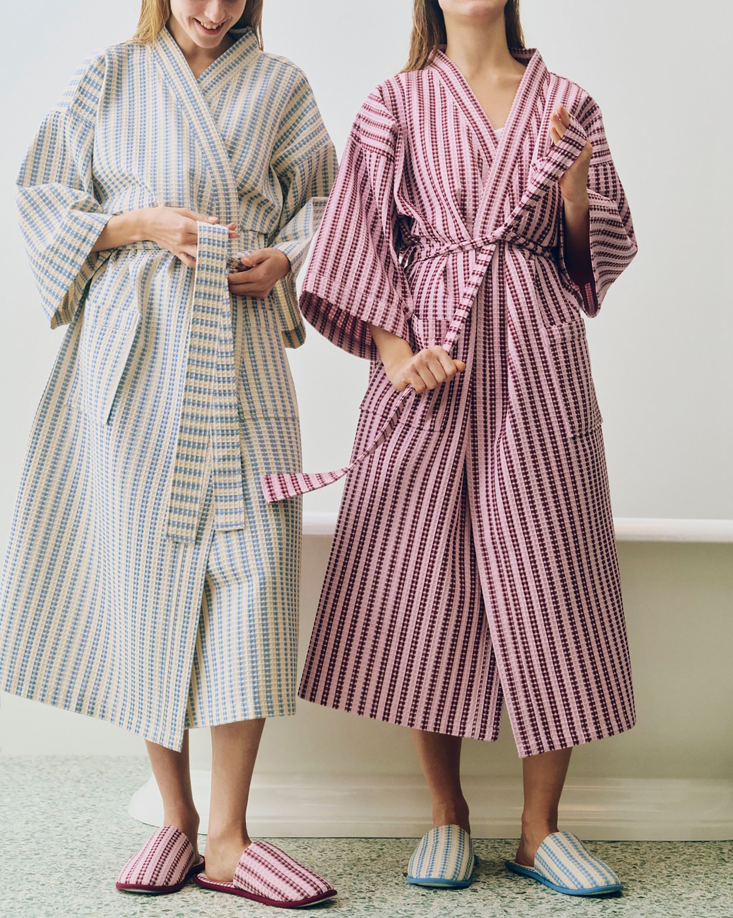 Waffle Bathrobe - Stripe Dusty Blue