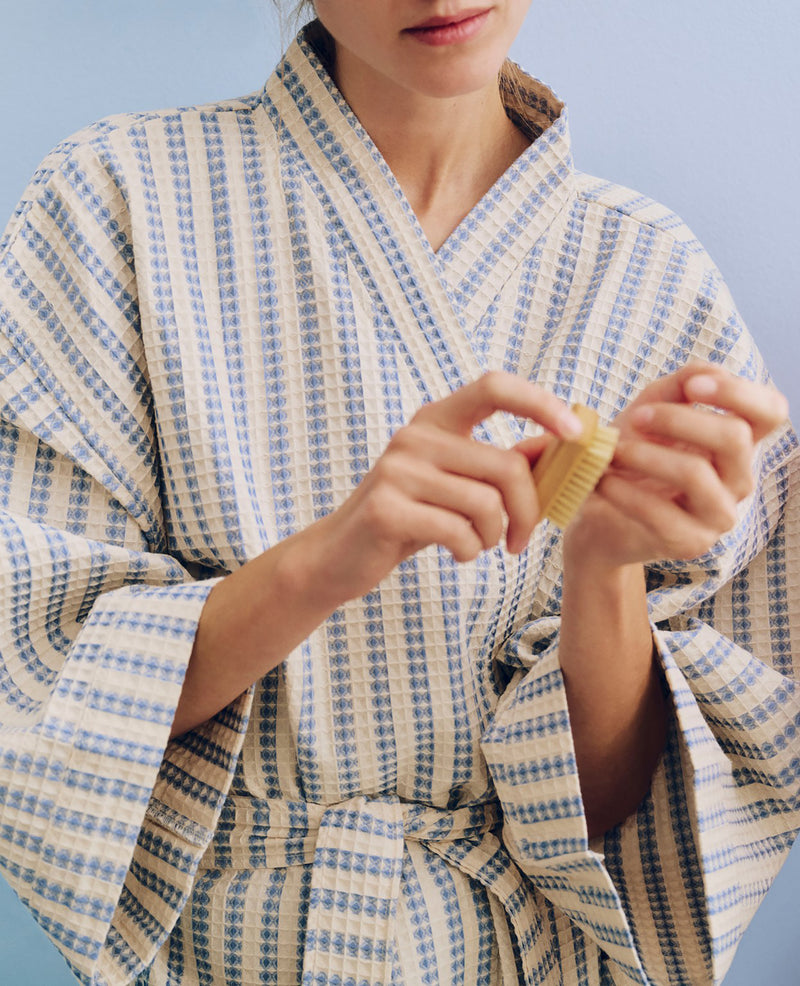 Waffle Bathrobe - Stripe Dusty Blue