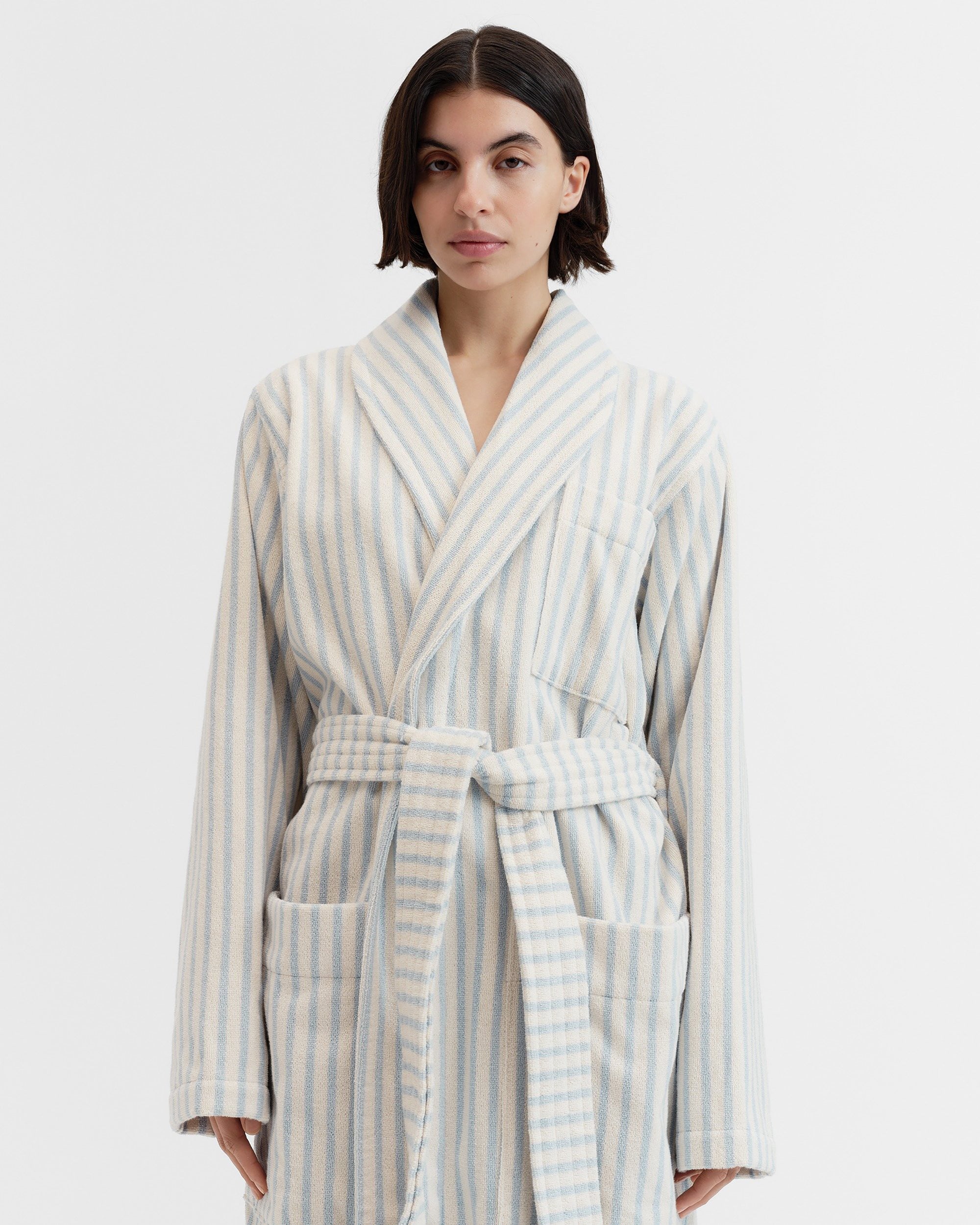 Terry Classic Bathrobe - Soft Blue Stripes