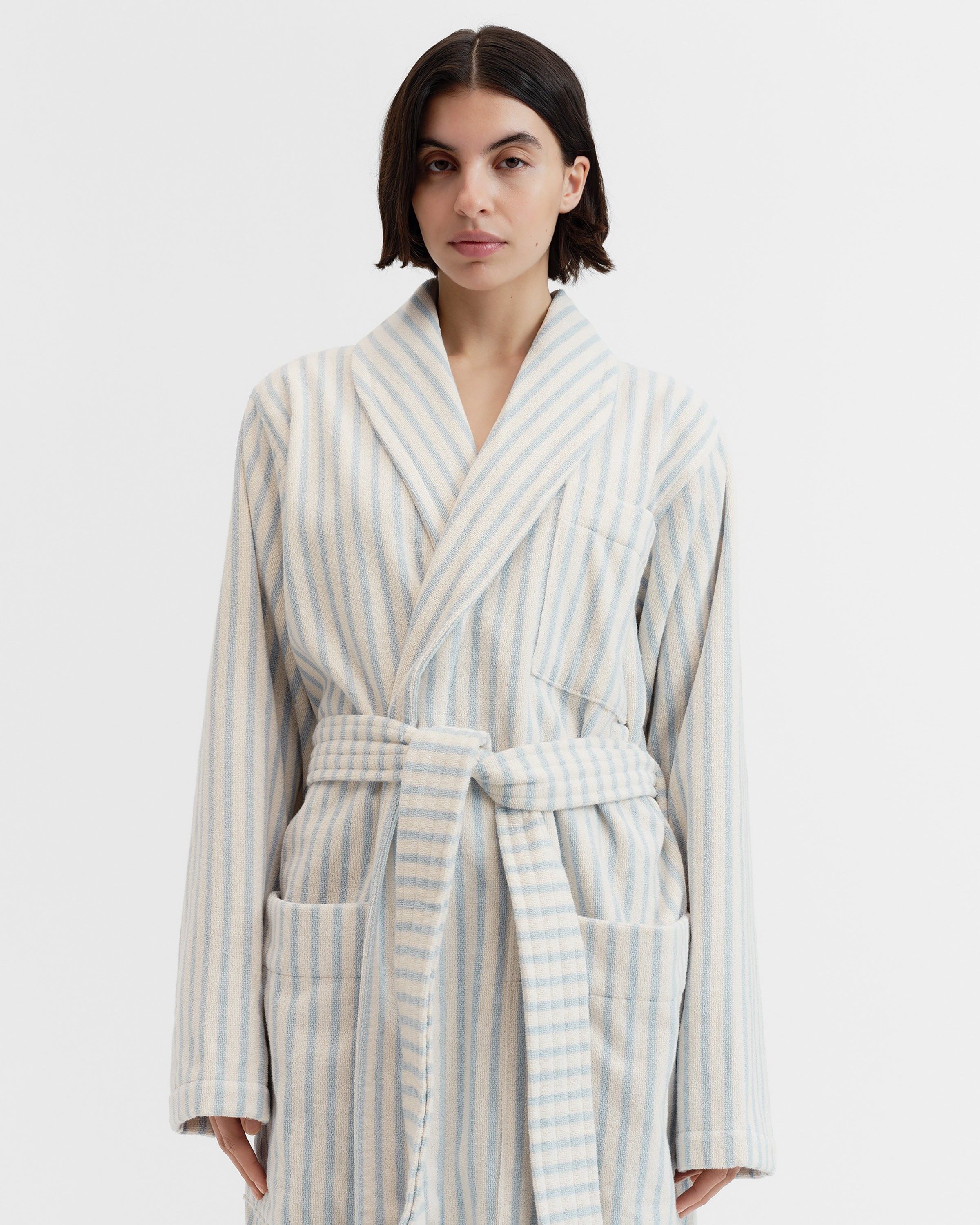 Terry Classic Bathrobe - Soft Blue Stripes